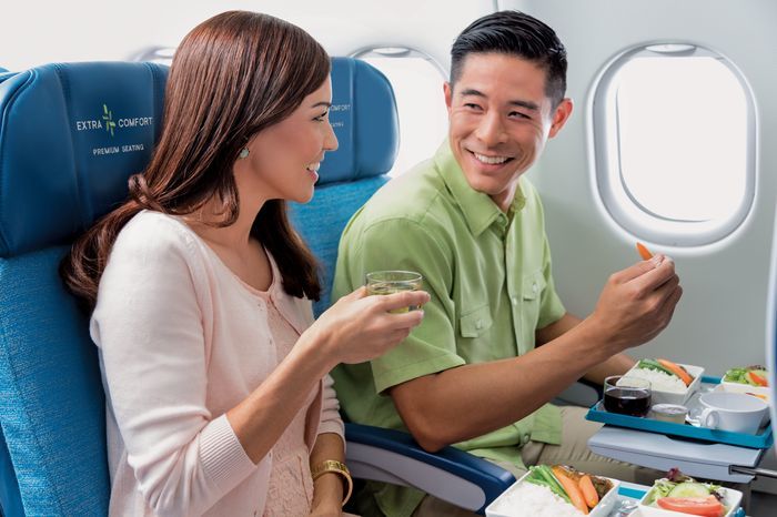 Extra Comfort seating comes with a special menu that isn't Hawiian Airlines First Class quality, but better than coach.