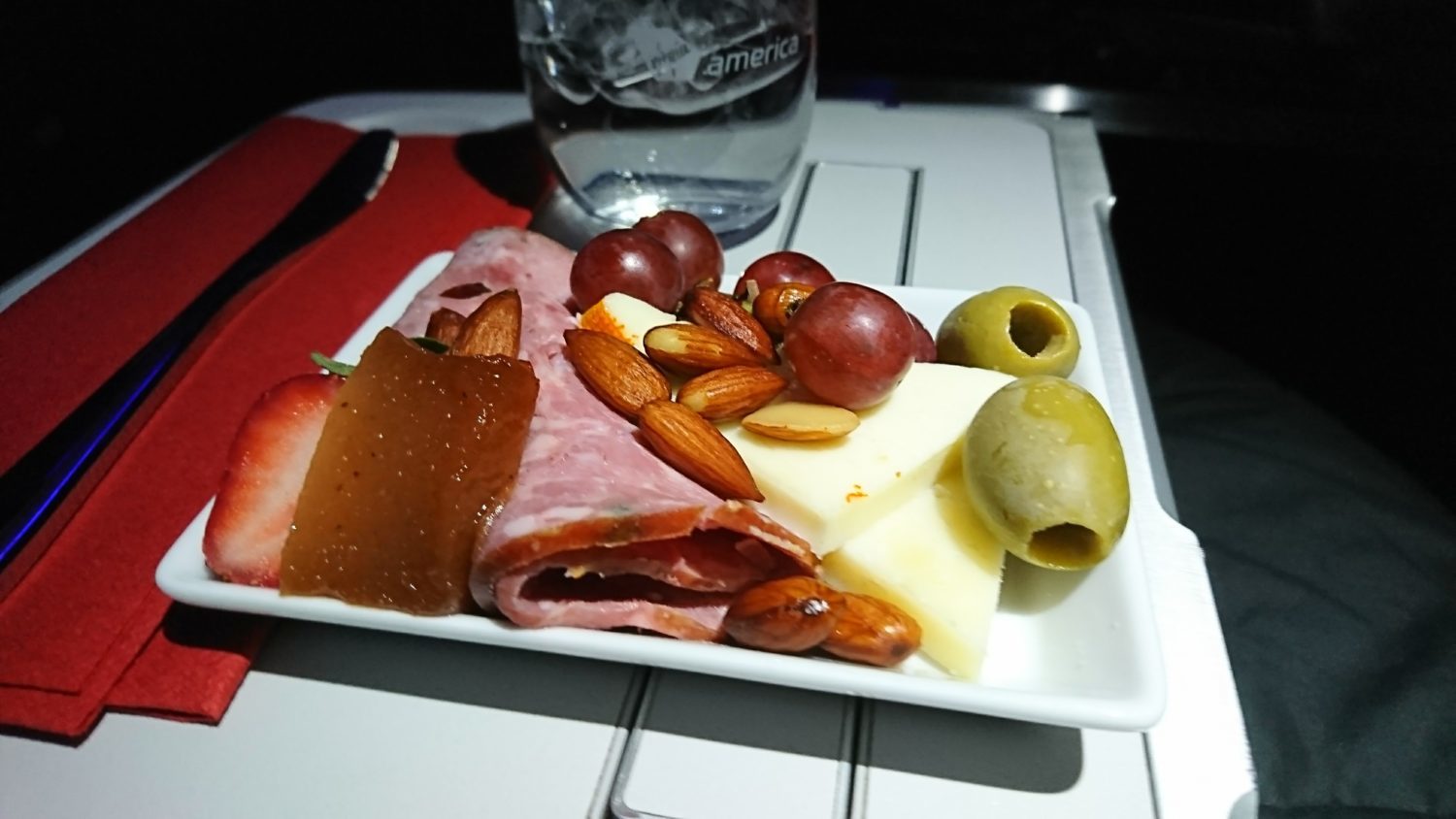 Meat and cheese snack in Virgin America First Class.