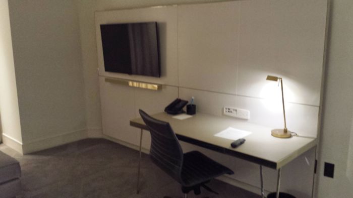 We were in Vegas to work so having a nice, comfortable workspace with media and power connections isn't as weird as you'd think for a Vegas hotel. Desk area.