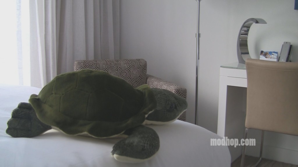 a stuffed turtle on a bed