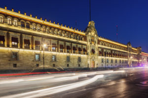 National Palace with lights on it