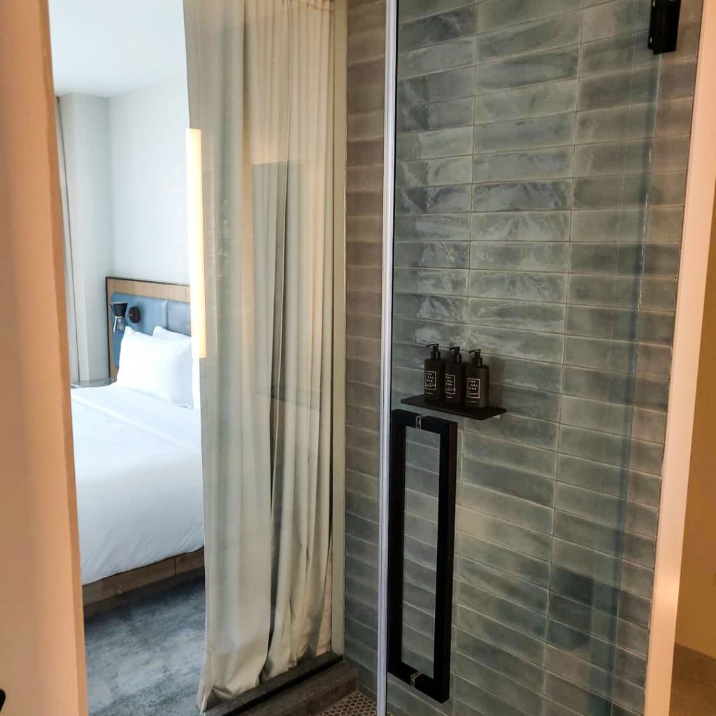 a shower with a glass door