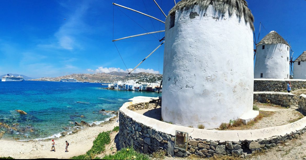 Panoramic photo of Mykonos windmills