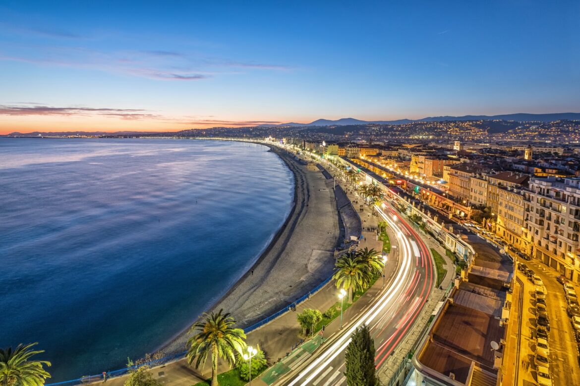 Promenade and Coast of Azure at dusk in Nice