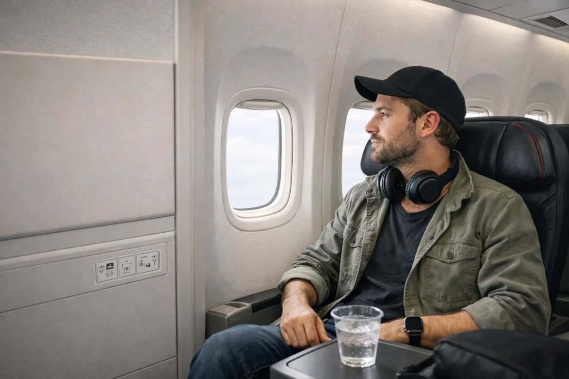 A man is sitting in an airplane seat by the window, looking out. He is wearing a black cap, headphones around his neck, and a casual jacket. There is a plastic cup with a drink on the tray table in front of him. The airplane interior is visible, including the window and wall panel.