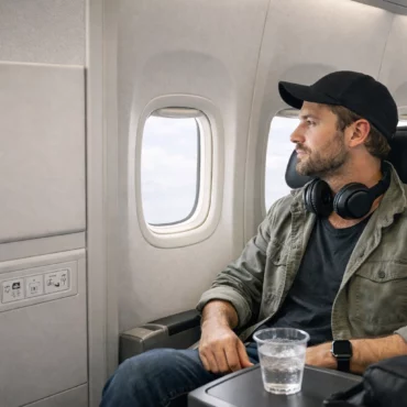 A man is sitting in an airplane seat by the window, looking out. He is wearing a black cap, headphones around his neck, and a casual jacket. There is a plastic cup with a drink on the tray table in front of him. The airplane interior is visible, including the window and wall panel.