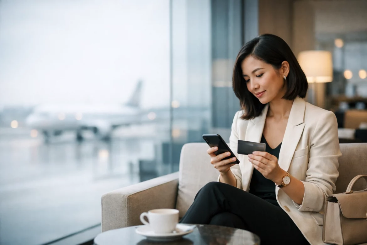 A woman is sitting in an airport lounge, holding a smartphone and a credit card. She is wearing a beige blazer and has a handbag beside her. A cup of coffee is on the table in front of her. Through the large window, a blurred airplane is visible on the tarmac outside.