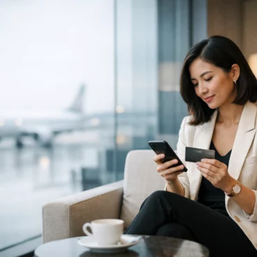 A woman is sitting in an airport lounge, holding a smartphone and a credit card. She is wearing a beige blazer and has a handbag beside her. A cup of coffee is on the table in front of her. Through the large window, a blurred airplane is visible on the tarmac outside.