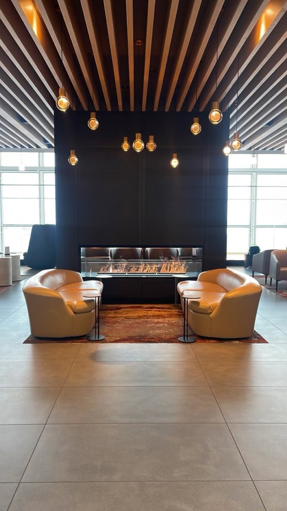 A modern lounge area featuring two beige leather chairs facing each other with a small round table between them. In the background, there is a sleek, rectangular fireplace with visible flames. Above, several pendant lights hang from a ceiling with wooden slats. The floor is tiled, and a patterned rug is placed under the chairs. Large windows in the background allow natural light to fill the space.