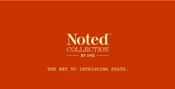 The image features a red background with white text in the center. The text reads "Noted Collection by IHG" with a line underneath, followed by the phrase "The key to intriguing stays."