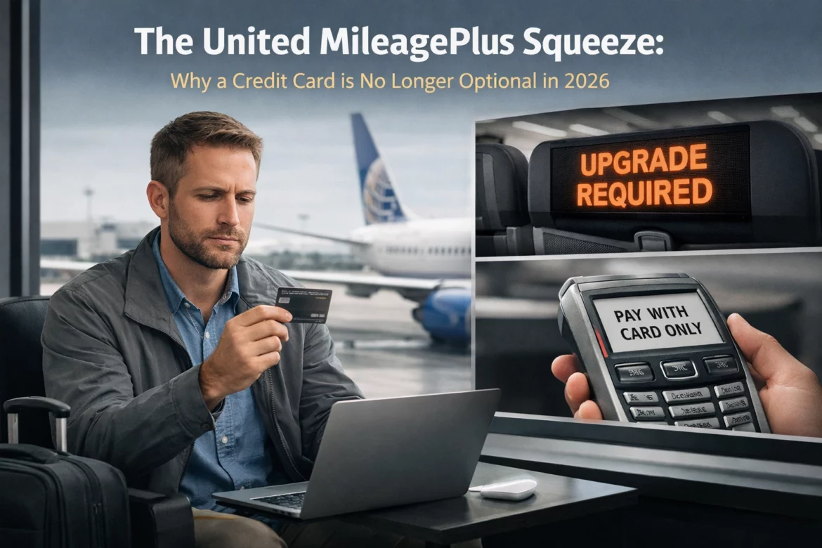 The image features a man sitting in an airport terminal, holding a credit card and looking at a laptop. In the background, a United Airlines plane is visible. The text at the top reads, "The United MileagePlus Squeeze: Why a Credit Card is No Longer Optional in 2026." There are two inset images: one shows an airplane seat with a sign that says "UPGRADE REQUIRED," and the other shows a payment terminal with the message "PAY WITH CARD ONLY."