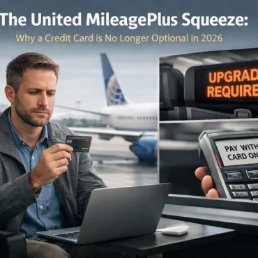 The image features a man sitting in an airport terminal, holding a credit card and looking at a laptop. In the background, a United Airlines plane is visible. The text at the top reads, "The United MileagePlus Squeeze: Why a Credit Card is No Longer Optional in 2026." On the right, there are two smaller images: one shows a sign on an airplane seat that says "UPGRADE REQUIRED," and the other shows a payment terminal with the message "PAY WITH CARD ONLY."