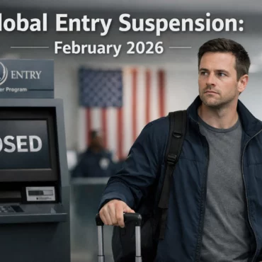 A man stands in an airport next to a Global Entry kiosk displaying the word "CLOSED." He is wearing a dark jacket and carrying a suitcase. In the background, there is a blurred American flag and people. The text at the top reads "Global Entry Suspension: February 2026."