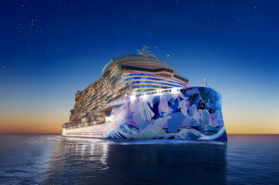 This large ship is your Norwegian Luna cruise. It is depicted sailing on calm waters during twilight. The ship's hull features colorful artwork with abstract designs and bird motifs. The sky is clear with visible stars, transitioning from a deep blue to a warm orange near the horizon.