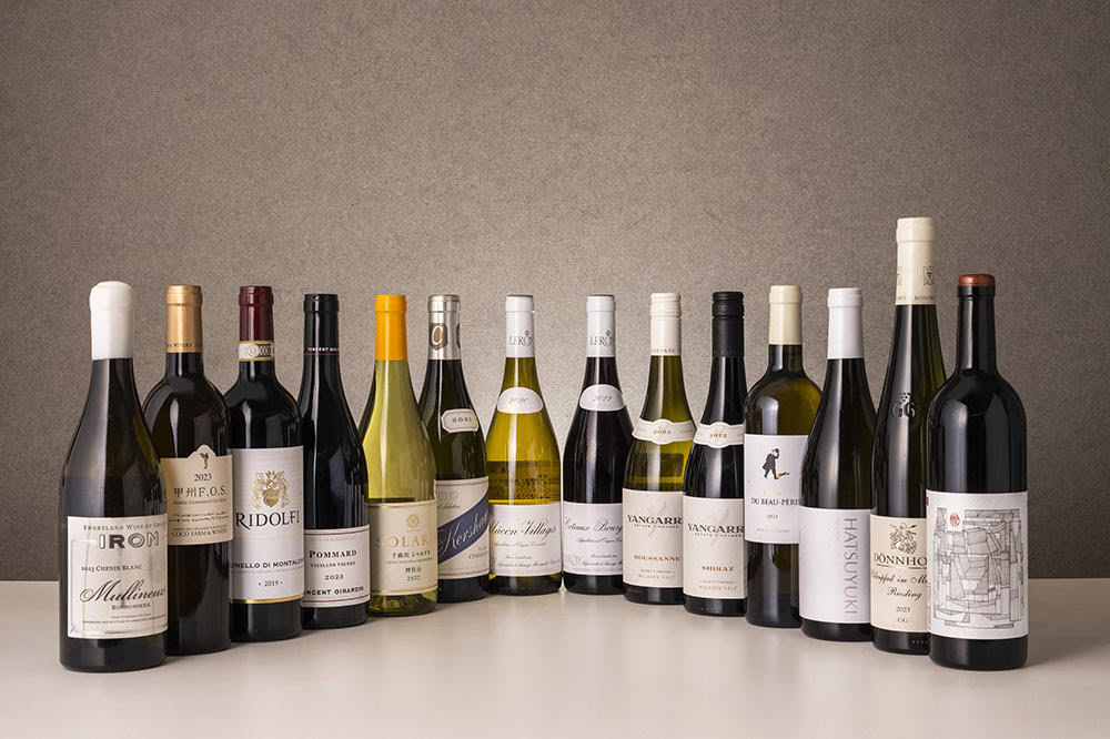 The image shows a row of various wine bottles arranged on a white surface against a neutral background. The bottles have different shapes, sizes, and labels, indicating a variety of wine types and brands.