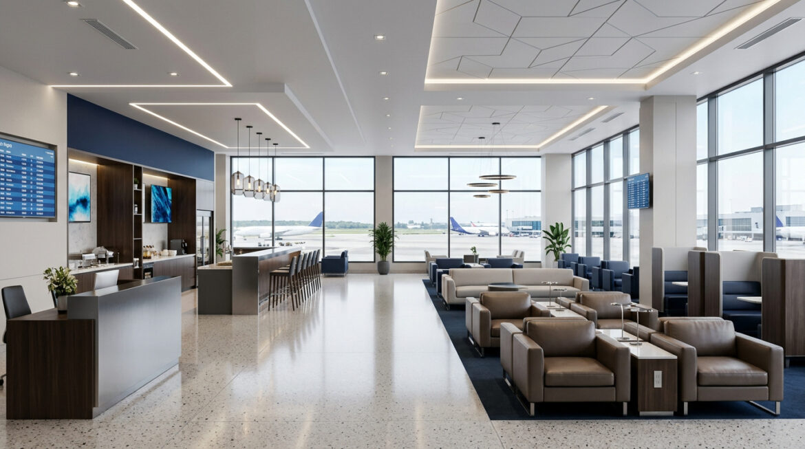 a lounge area with chairs and tables and windows