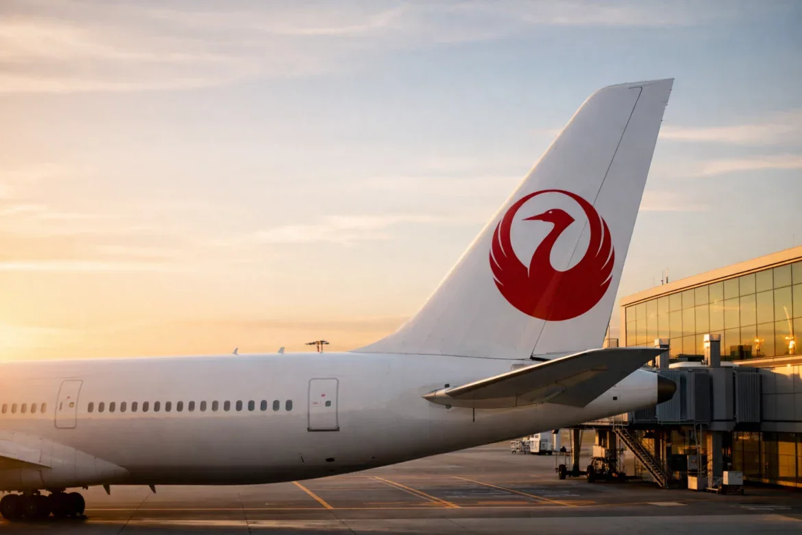 The image shows the tail section of a commercial airplane on the tarmac at an airport during sunset. The tail features a red logo of a stylized bird. In the background, there is a terminal building with large glass windows reflecting the warm light of the setting sun.