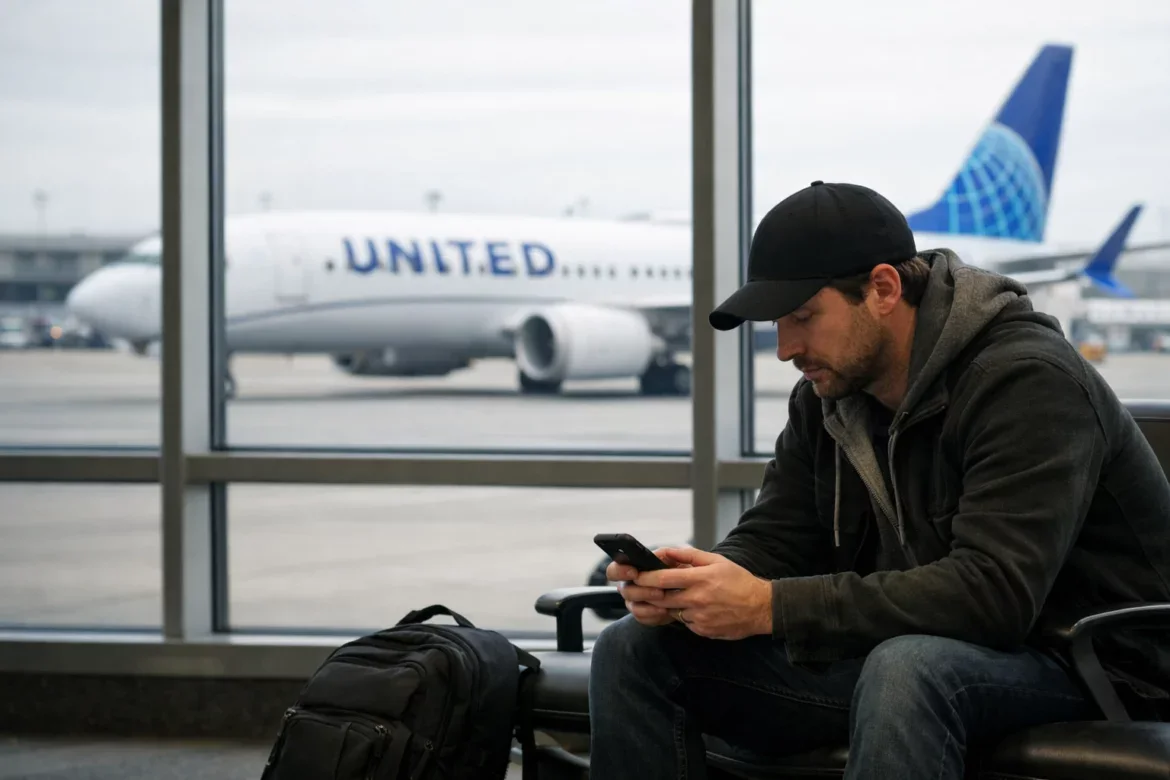 A man is sitting in an airport terminal, looking at his phone. He is wearing a black cap, a dark jacket, and jeans. A black backpack is on the floor next to him. In the background, through the large windows, a United 737 Max 8 plane is visible on the tarmac.
