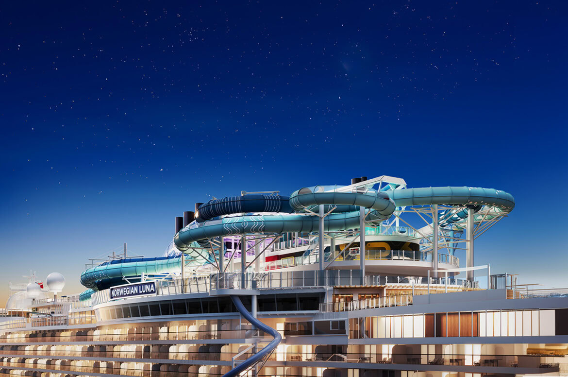 The image shows the upper deck of the Norwegian Luna cruise ship under a starry night sky. The deck features large, winding water slides and various structures, with lights illuminating the area. The ship's multiple levels and balconies are visible, suggesting a luxurious and spacious design.