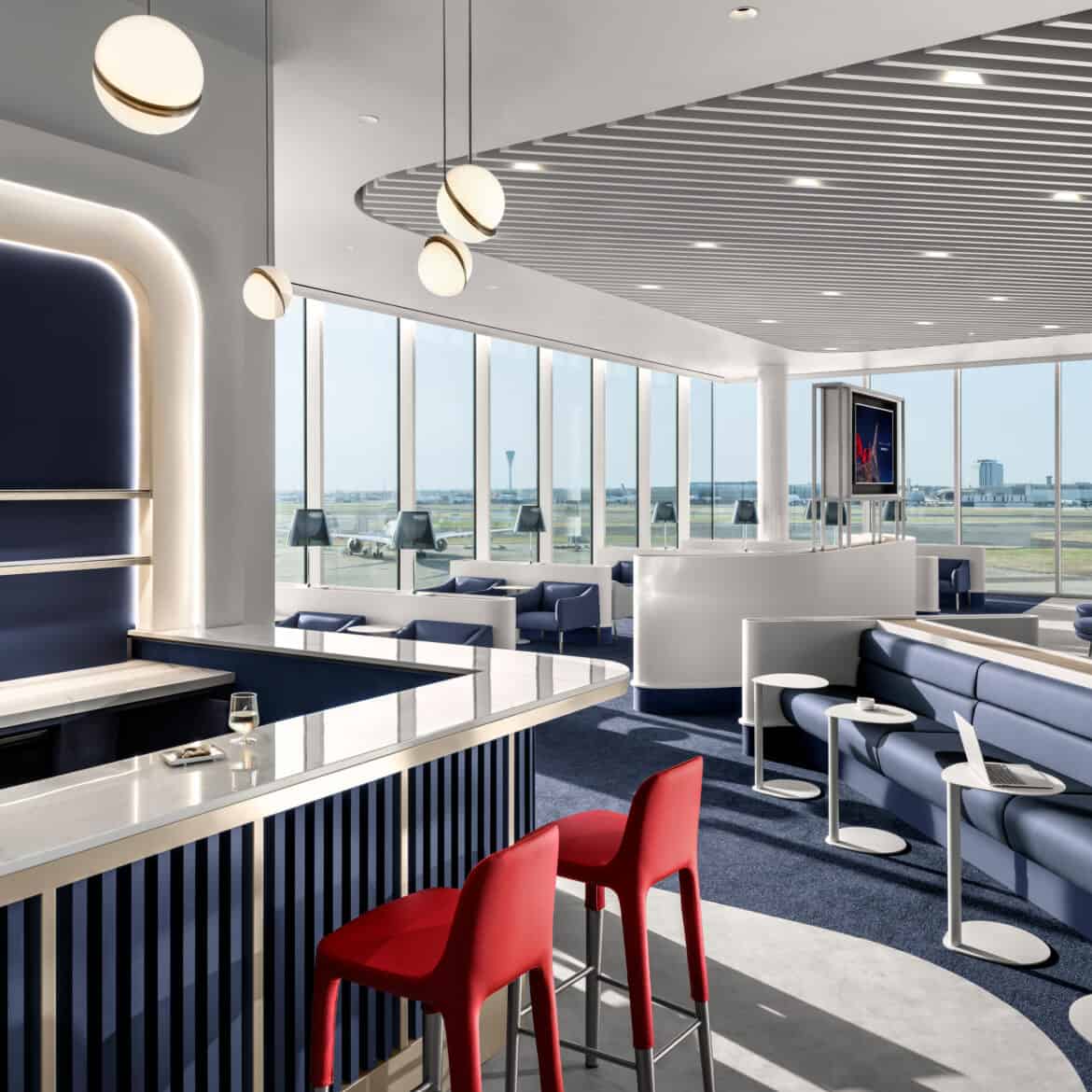 shot of bar and seating at Air France heathrow lounge