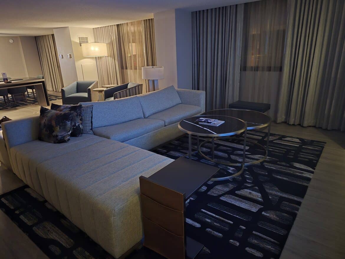 The giant living area of our suite at Hyatt Regency Chicago O'Hare that I booked without having World of Hyatt status